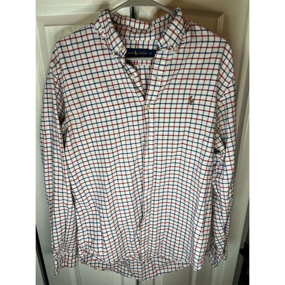Ralph Lauren Men's L Plaid Red & Blue Button-Down Oxford Shirt Long Slee…